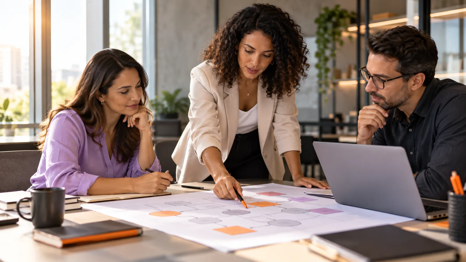 Equipe colaborando para organizar prioridades de gestão
